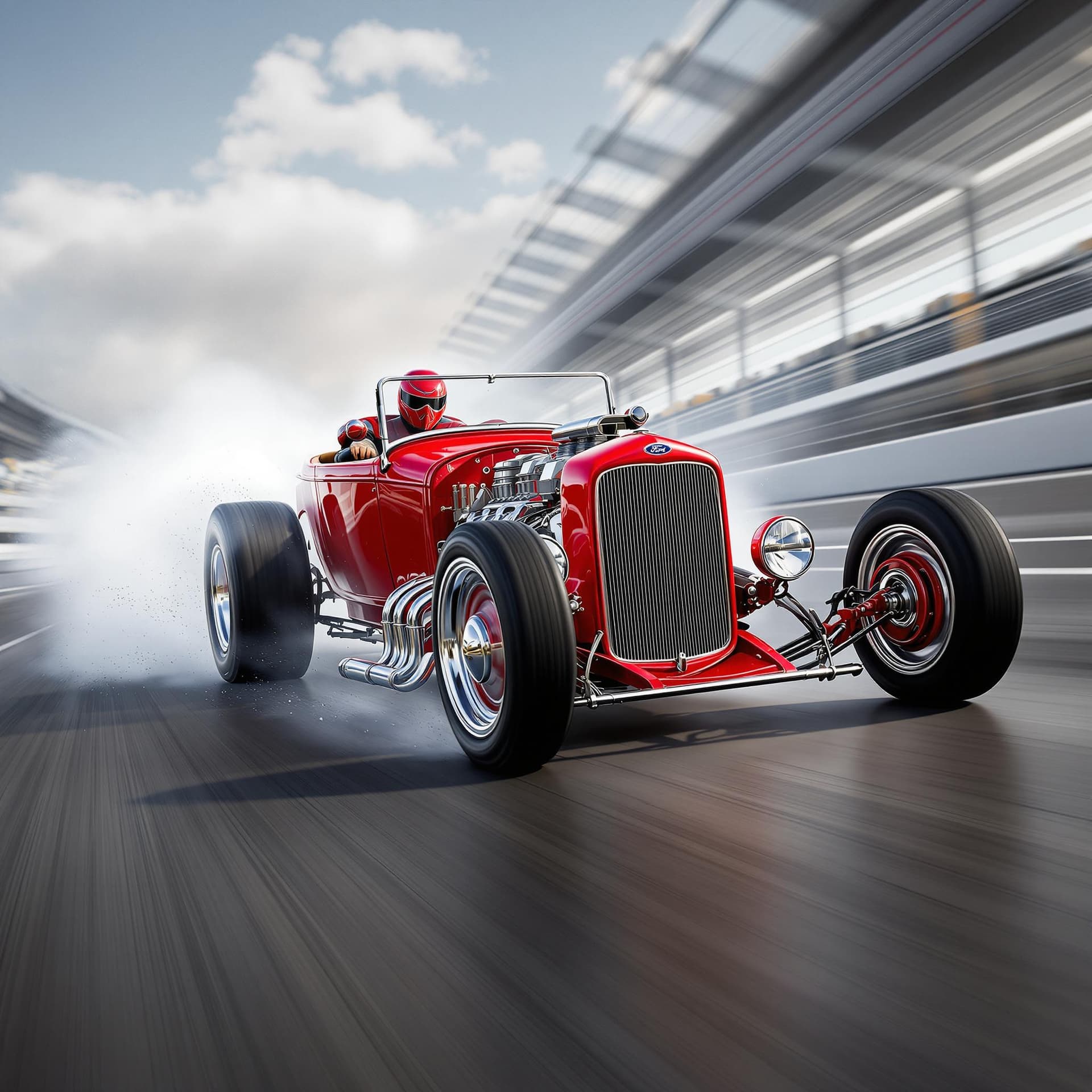 AI generated: Envision a 3D photorealistic, bright red1920s ford hot rod  with a driver charging down a race track...