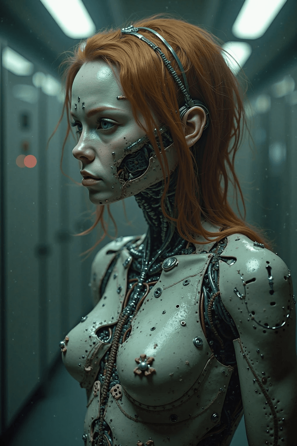 AI generated: A real photorealistic movie scene:A very professional scene in a laboratory:human experiment, ginger...