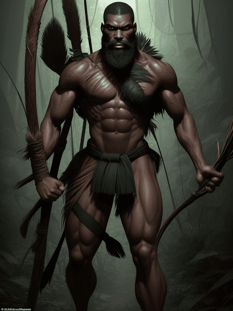 AI generated: A full-body jungle warrior, slender but muscular, with pronounced facial features and a determined a...