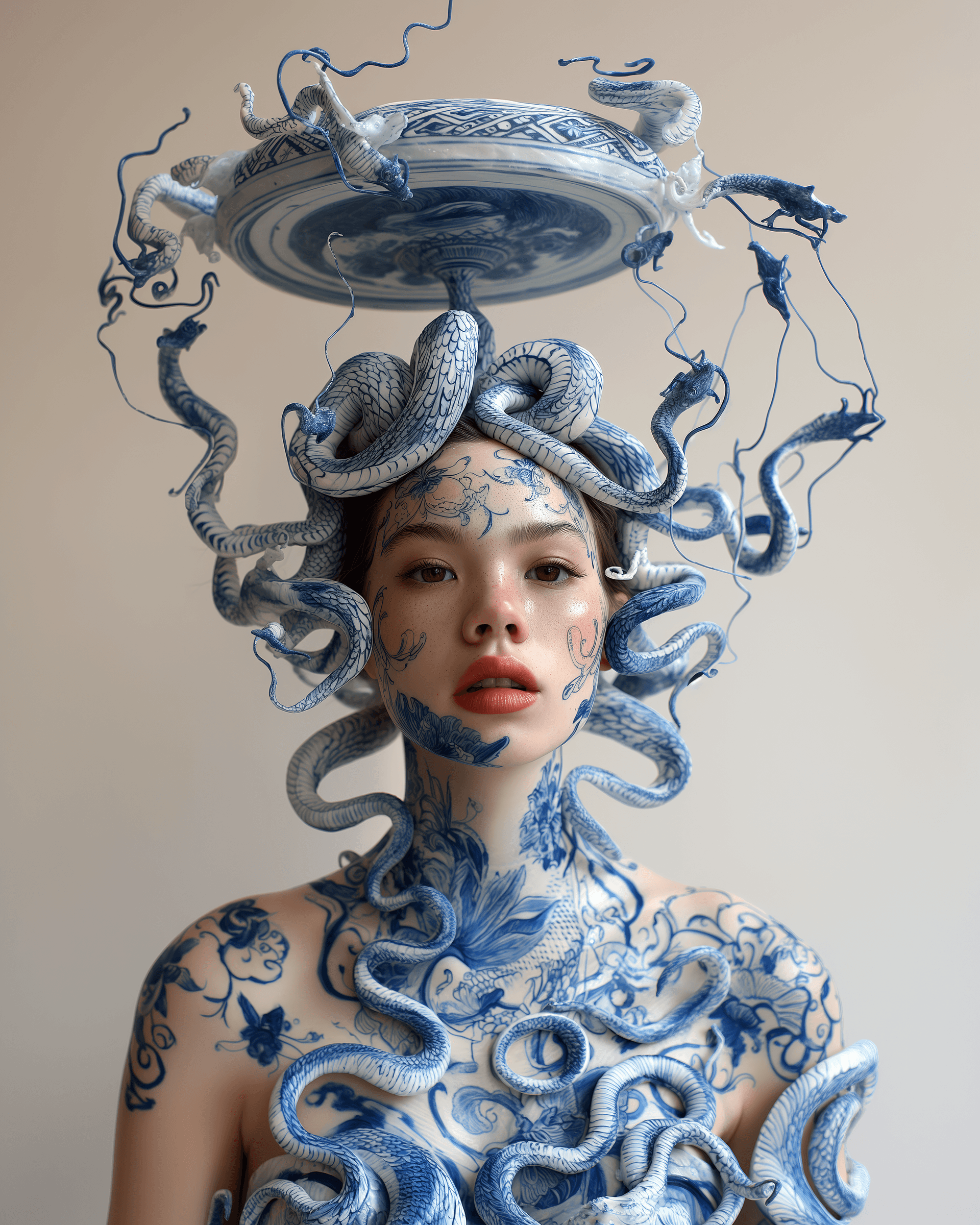 AI generated: a woman made out of porcelain, in the style of balanced symmetry, white and blue, detailed facial fe...