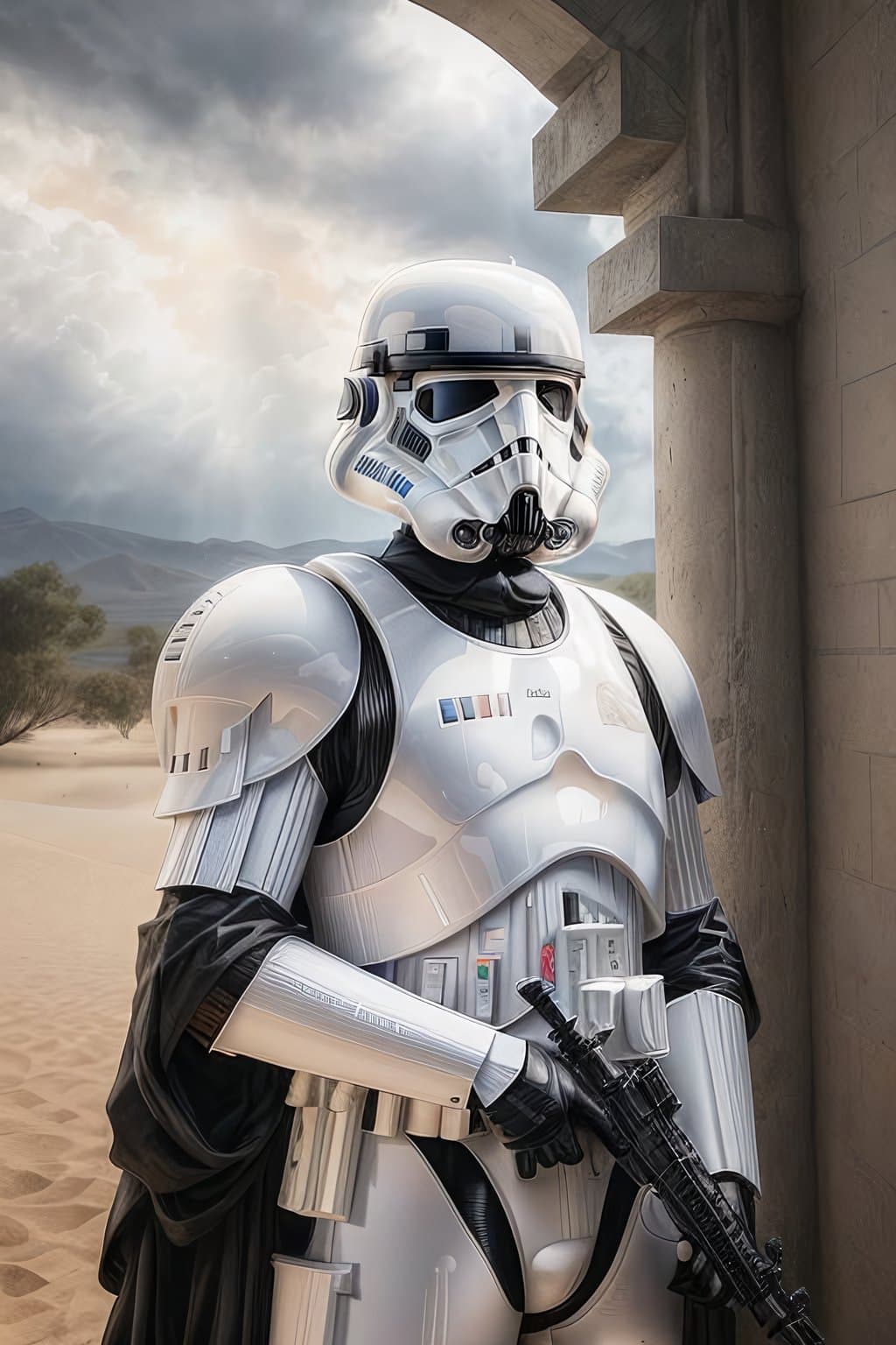 AI generated: photo portrait of a stormtrooper, rembrandt light, dramatic sky, exotic animals