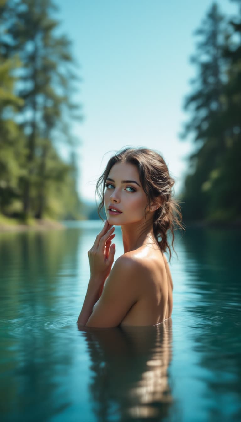 AI generated: A woman stands in a serene lake, her back to the viewer, looking over her shoulder with light blue e...