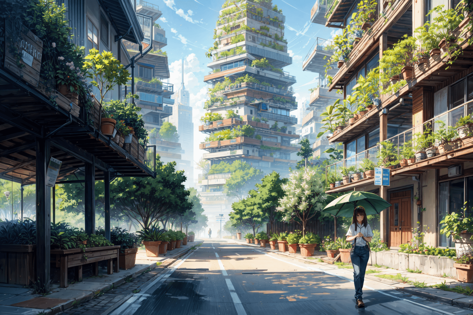 AI generated: Solarpunk, dramatic geometric towers dotted with rooftop forests, tree-sprouting condos, gargantuan ...