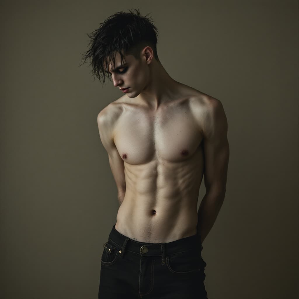 AI generated: goth boy, totally naked, slim body, bubblebutt