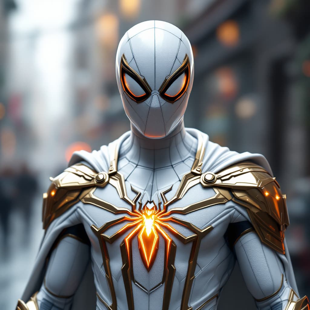 AI generated: A white Spider-Man with gold armor and a cape, a glowing golden spider logo on the chest, created us...