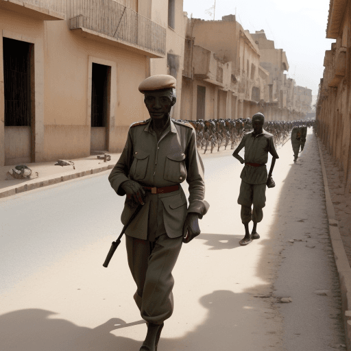 AI generated: des hommes qui marches dans les rues du mali nioro en1945 et un oiseau qui fait son nid