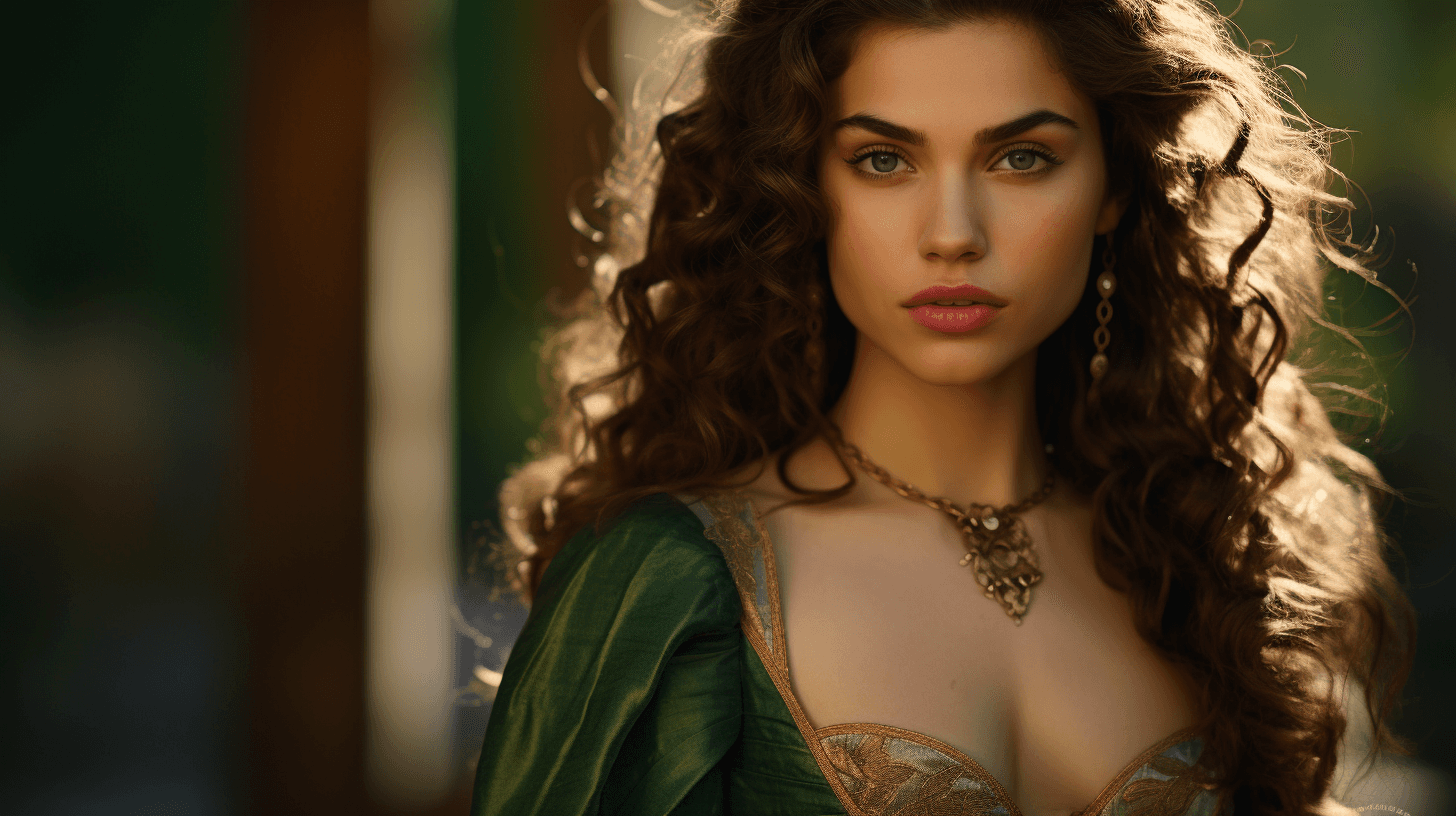 AI generated: woman, brunette curly hair, hair in a braid, green eyes, tan, in a medieval gown --ar 16:9