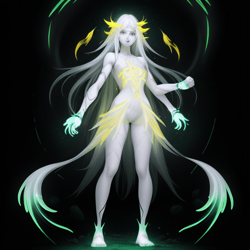 AI generated: Full body image of a young girl complet body with pale and serious complexion, long straight white h...