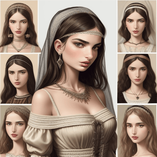 AI generated: Emily Ratajkowski sfoggia uno stile audace: l'abito crochet  A collage of ten Renaissance-style port...