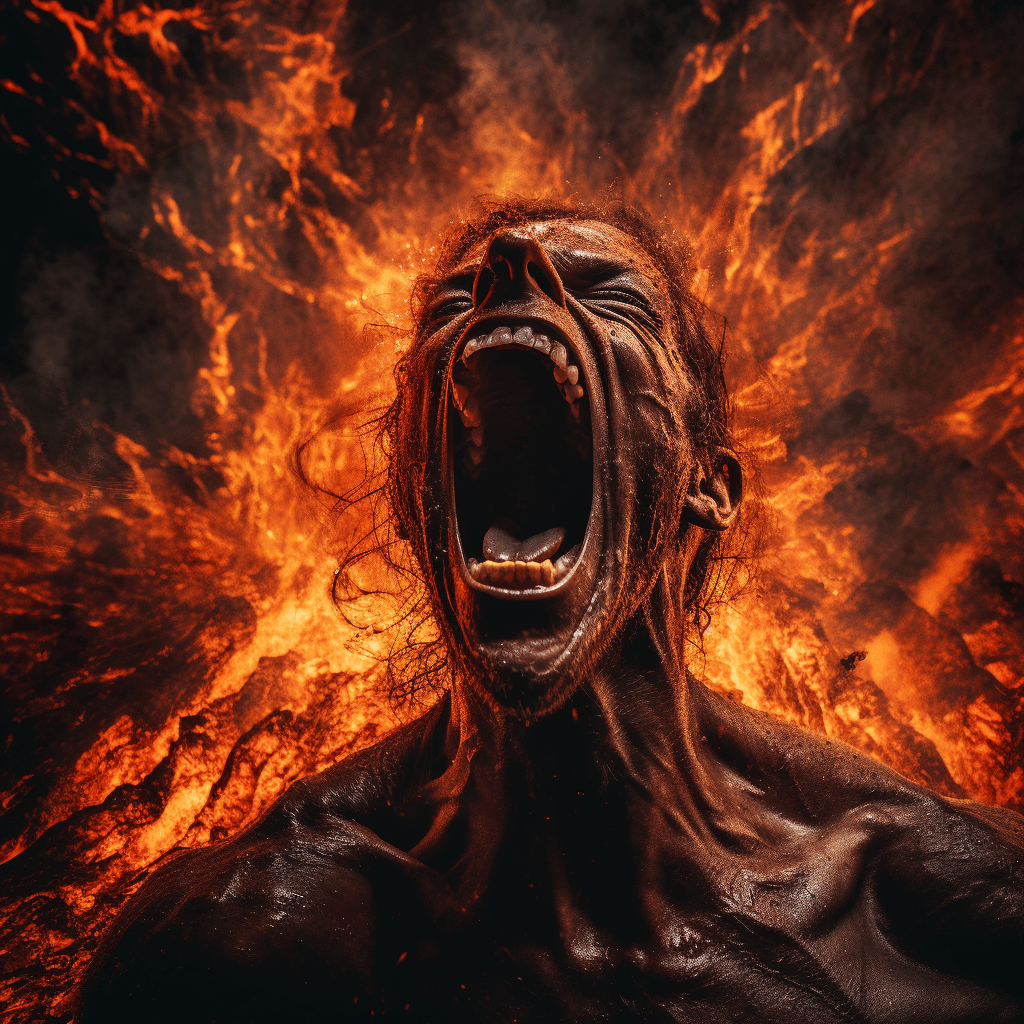 AI generated: The image features a man with a demonic appearance, screaming with his mouth wide open. He is surrou...