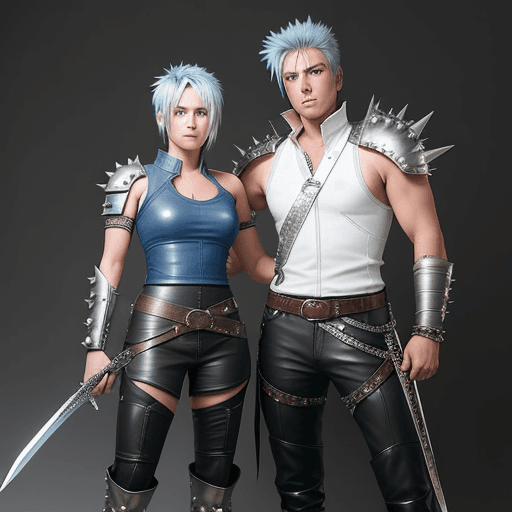 AI generated: Photo of a female warrior, with sword, short, spiky blue hair, blue eyes, leather pants, leather, wh...