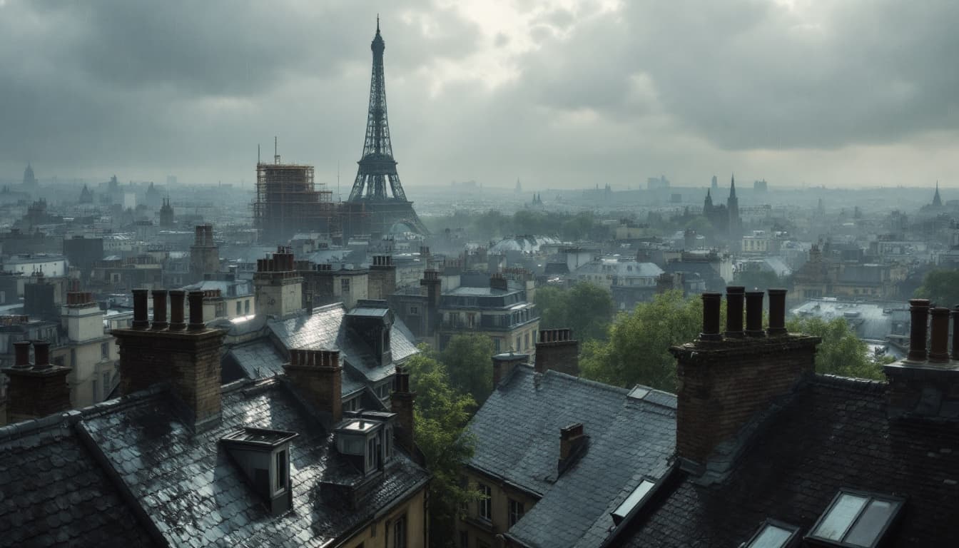 AI generated: hyper-realistic illustration, a panoramic view above the 1900s Paris rooftops after a summer rain, t...