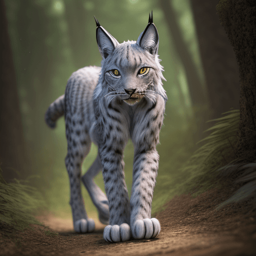AI generated: silver colored lynx stalking its prey, front view, front facing, stealthy, forest background, dof, a...