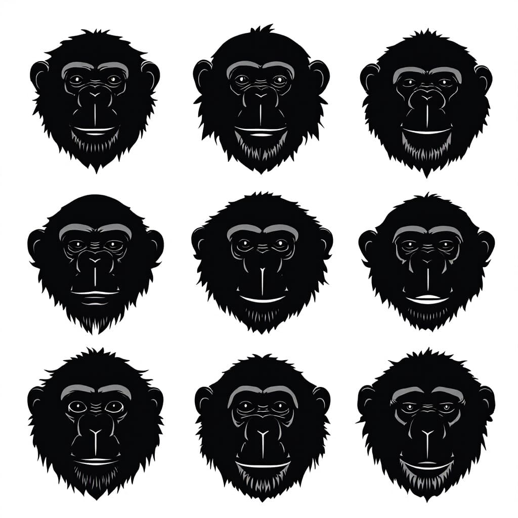 AI generated: 31 isolated dark minimalistic chimpanzee faces. each face is unique and has its own designelements o...
