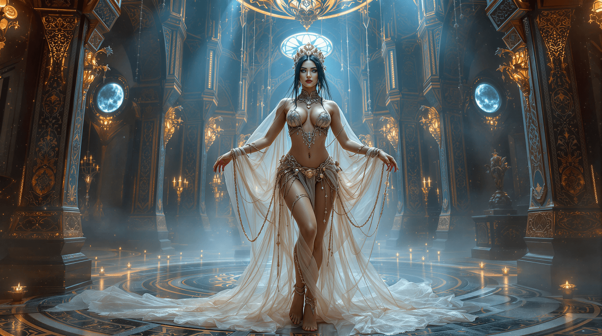 AI generated: Full body view of  A 19th-century masterpeice oil painting style depicting a   belly dancer woman in...