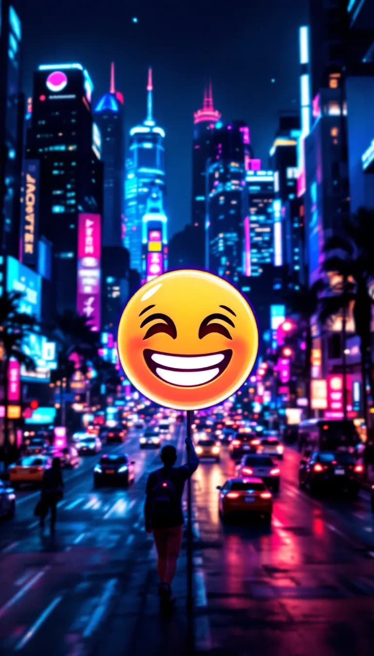AI generated: In a vibrant colorful neon cityscape, a cheerful emoji character beams with joy, surrounded by glowi...