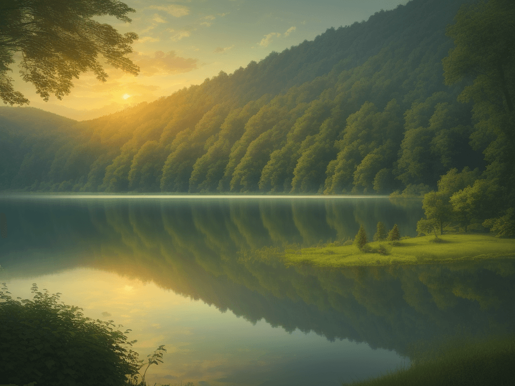 AI generated: Landscape, Home in the lake, water, lake, green, forest, natural lighting, sunrise, fantasy
