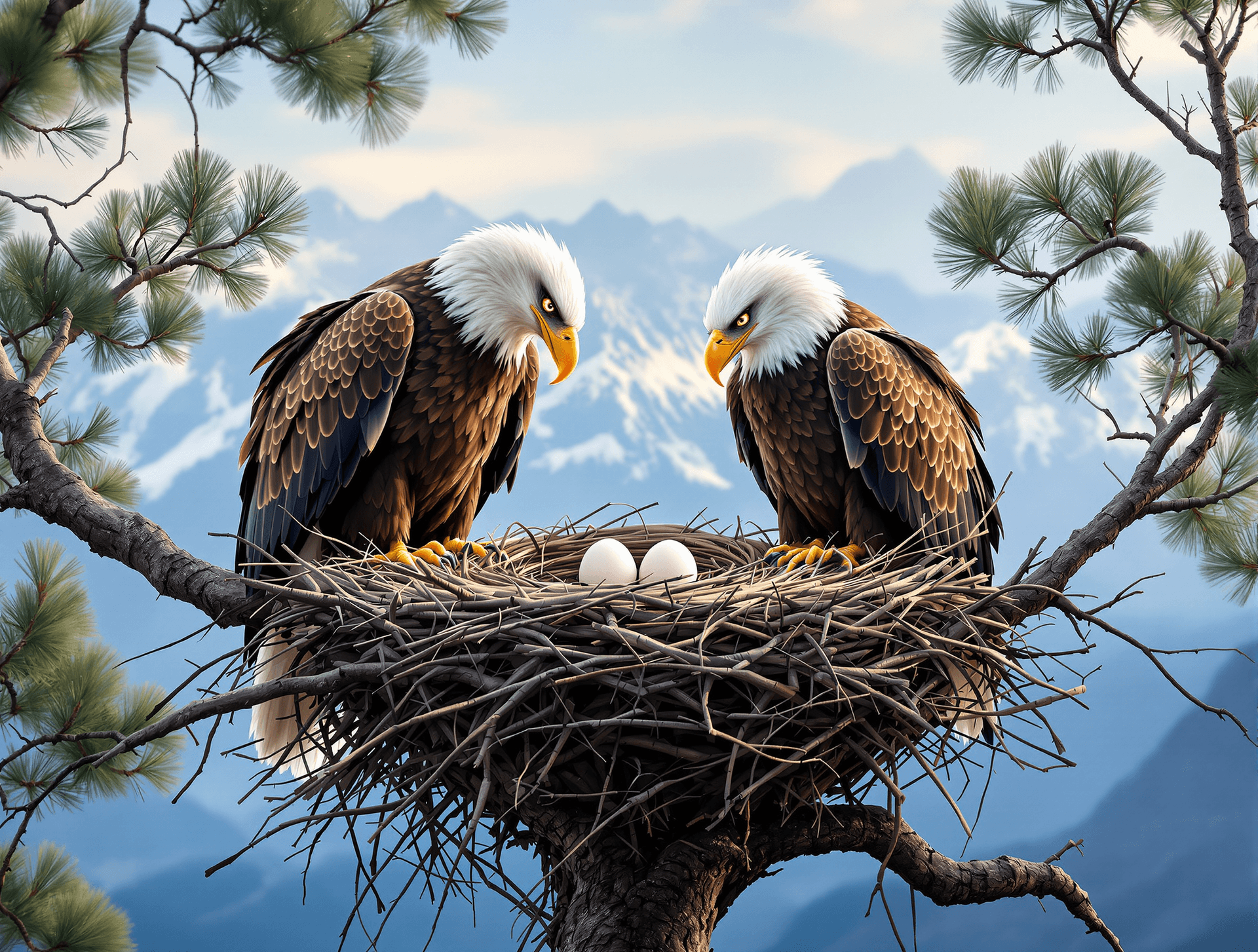 AI generated: A stunning, high-resolution nature scene featuring two majestic bald eagles tending to their nest, w...
