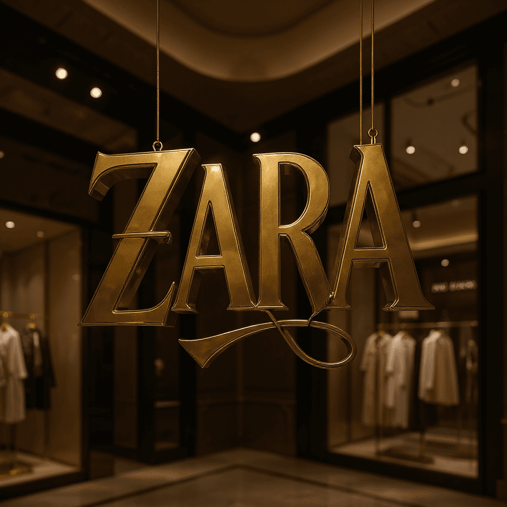 AI generated: A luxurious 3D metallic hanging says "Zara" in bold, elegant font. The letters should be crafted in ...