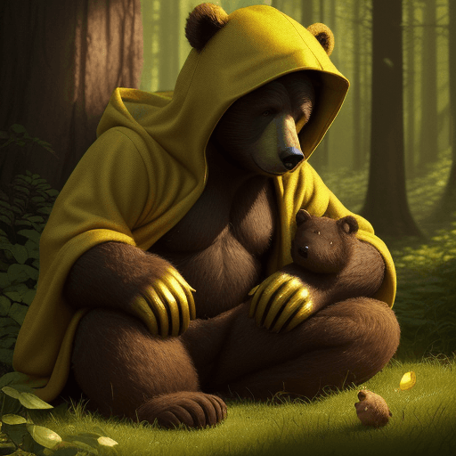 AI generated: Verdant enchanted green forest with one bear cub in the foreground in a yellow hood extending its op...
