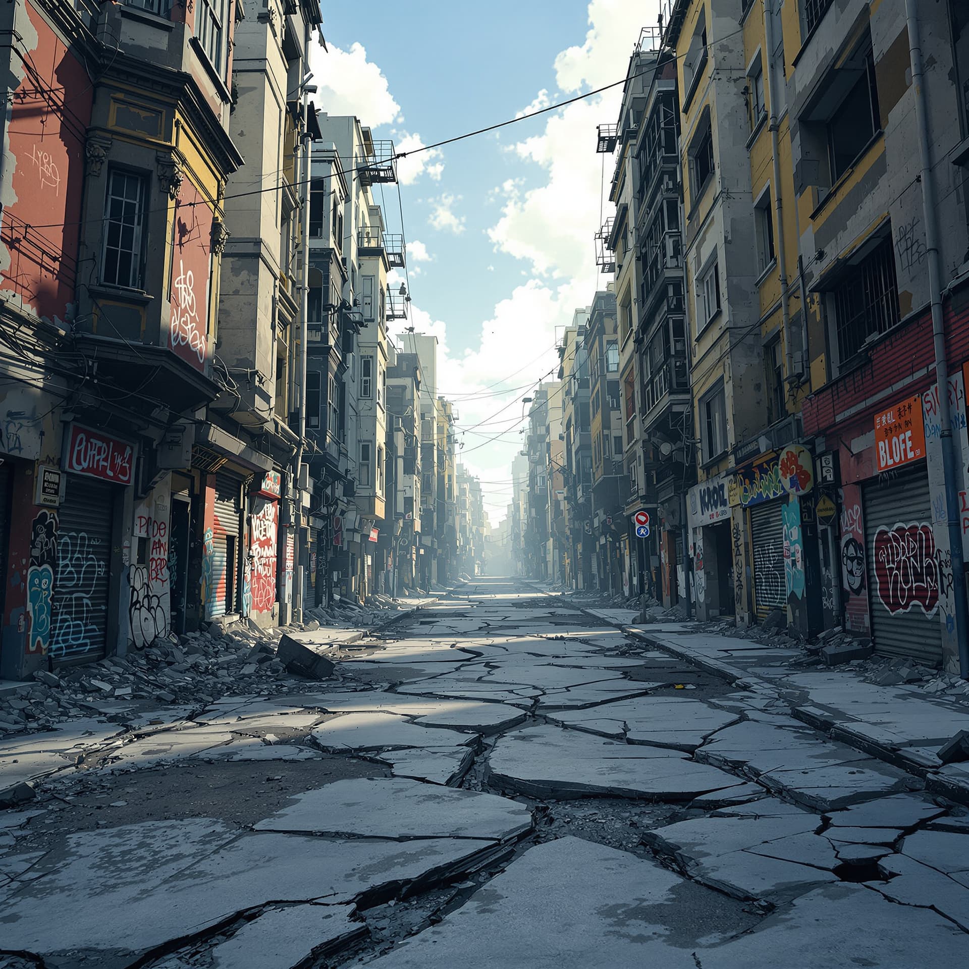 AI generated: very destroyed urban buildings with graffiti and cracks in the street, it's deserted with no p[eople...
