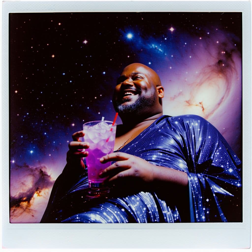 AI generated: grainy 80's photograph quality polaroid of big fat bald elated black man floating in space with a pu...