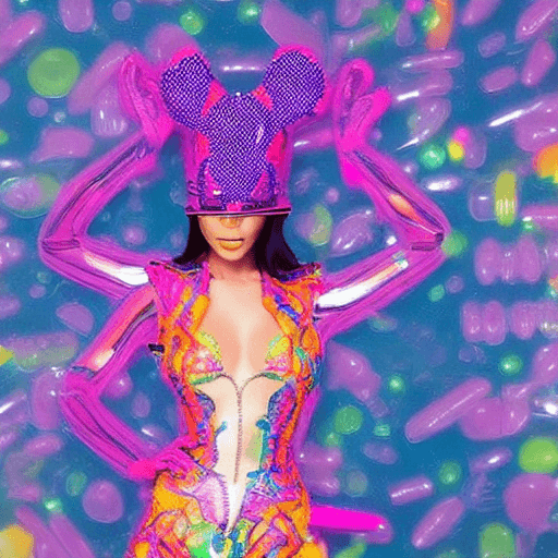 AI generated: In this new picture, the erotic girl is wearing a short erotic dress made of transparent, colorful p...