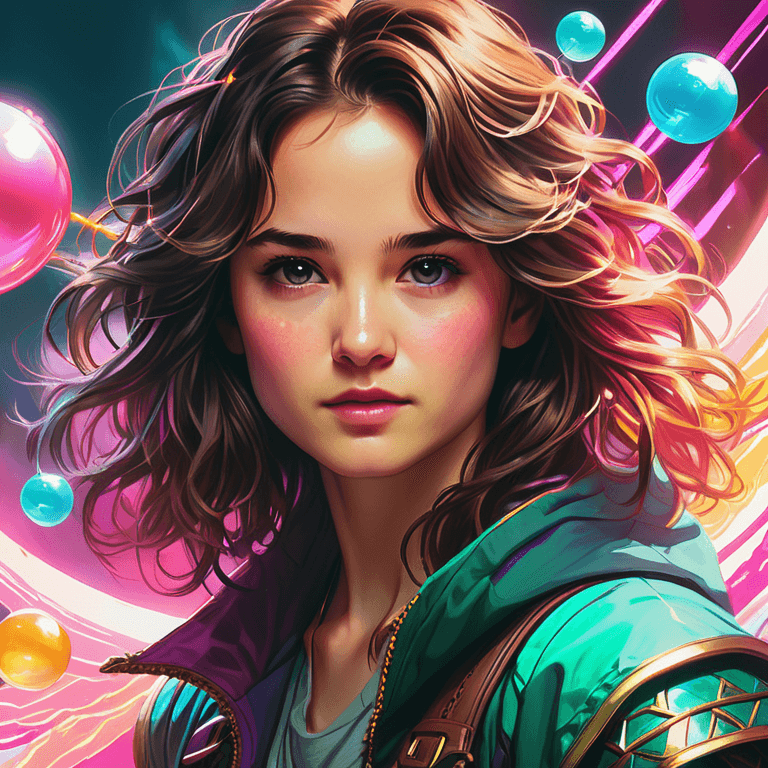 AI generated: Katherine Waterston, Lighting and shading by Ross Tran, Close up, colorful, hand drawn, vibrant past...
