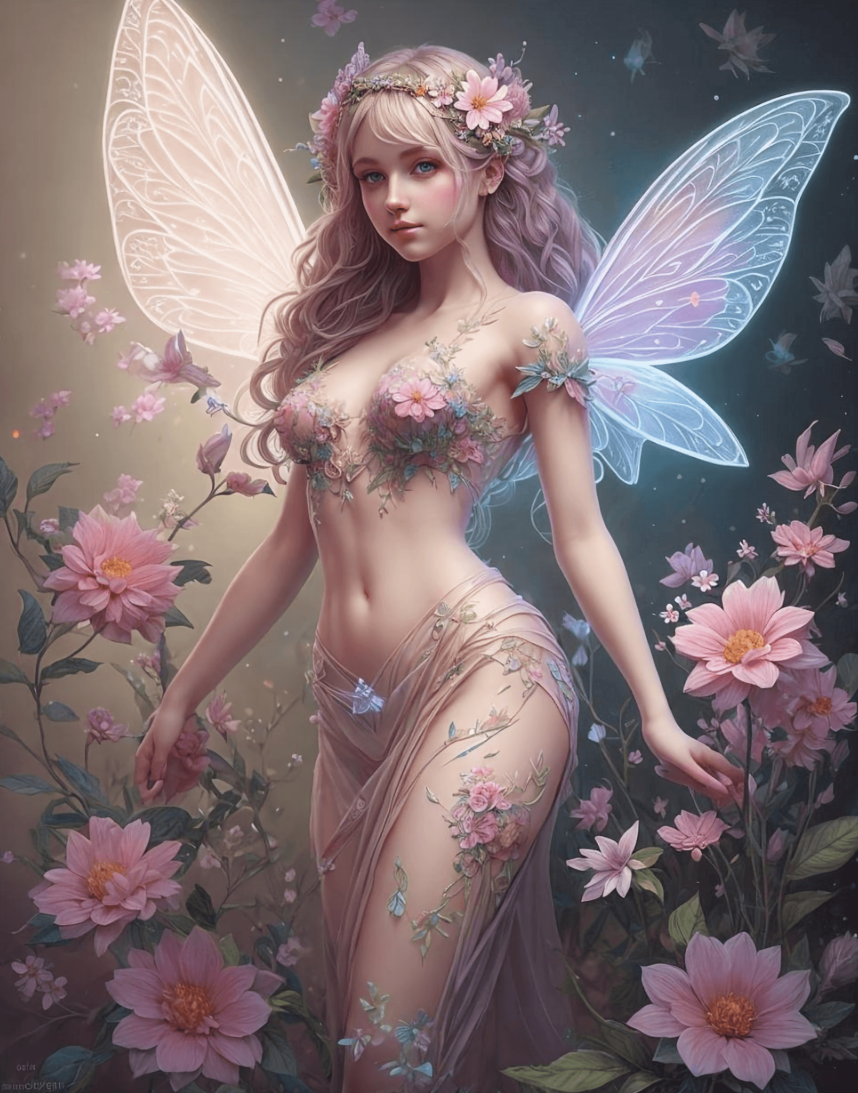AI generated: fairy with flowers, pastel colors, extremely detailed, lights, glow, flowers