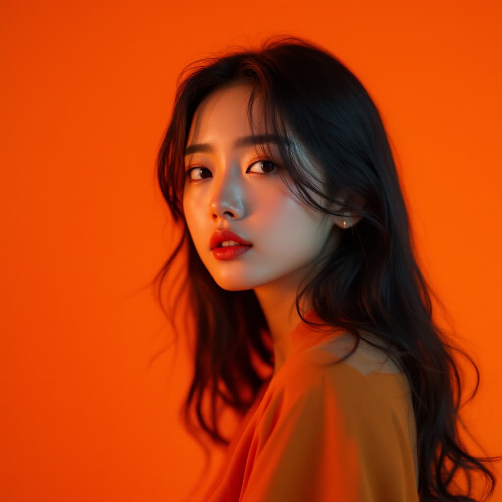 AI generated: photography, orange hue, korean woman model, solid orange backdrop, using a camera setup that mimics...