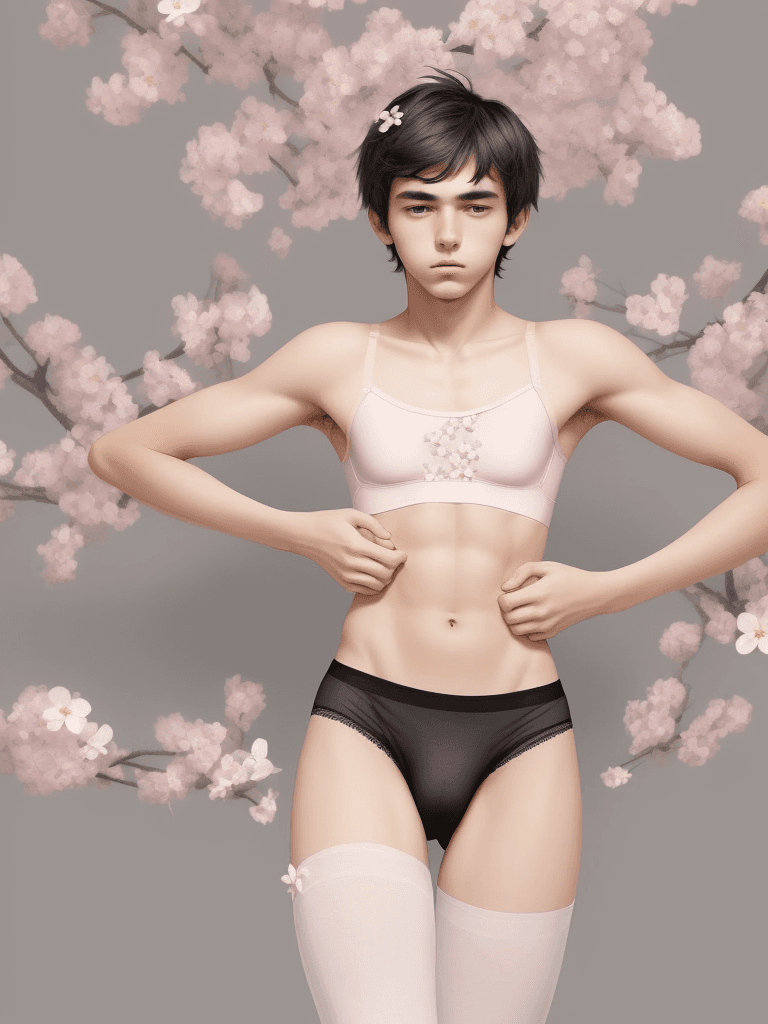 AI generated: Flat-chested 18 year old boy wearing a training bra and panties. bra is white with small pink flower...