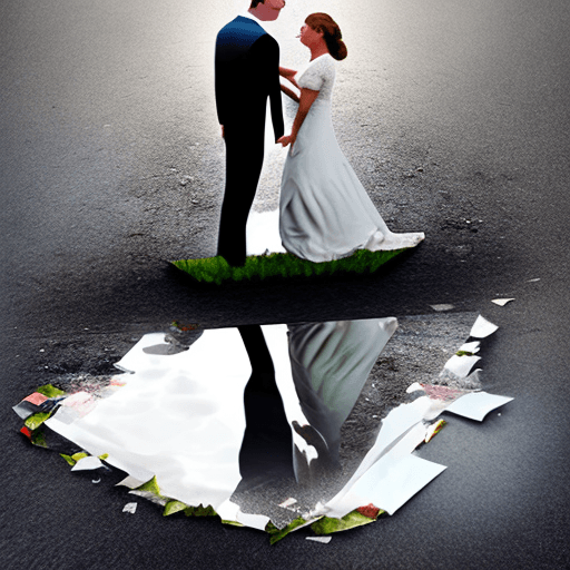 AI generated: A wedding photograph ripped in half and discarded in a puddle on the ground. Puddle reflecting a man...