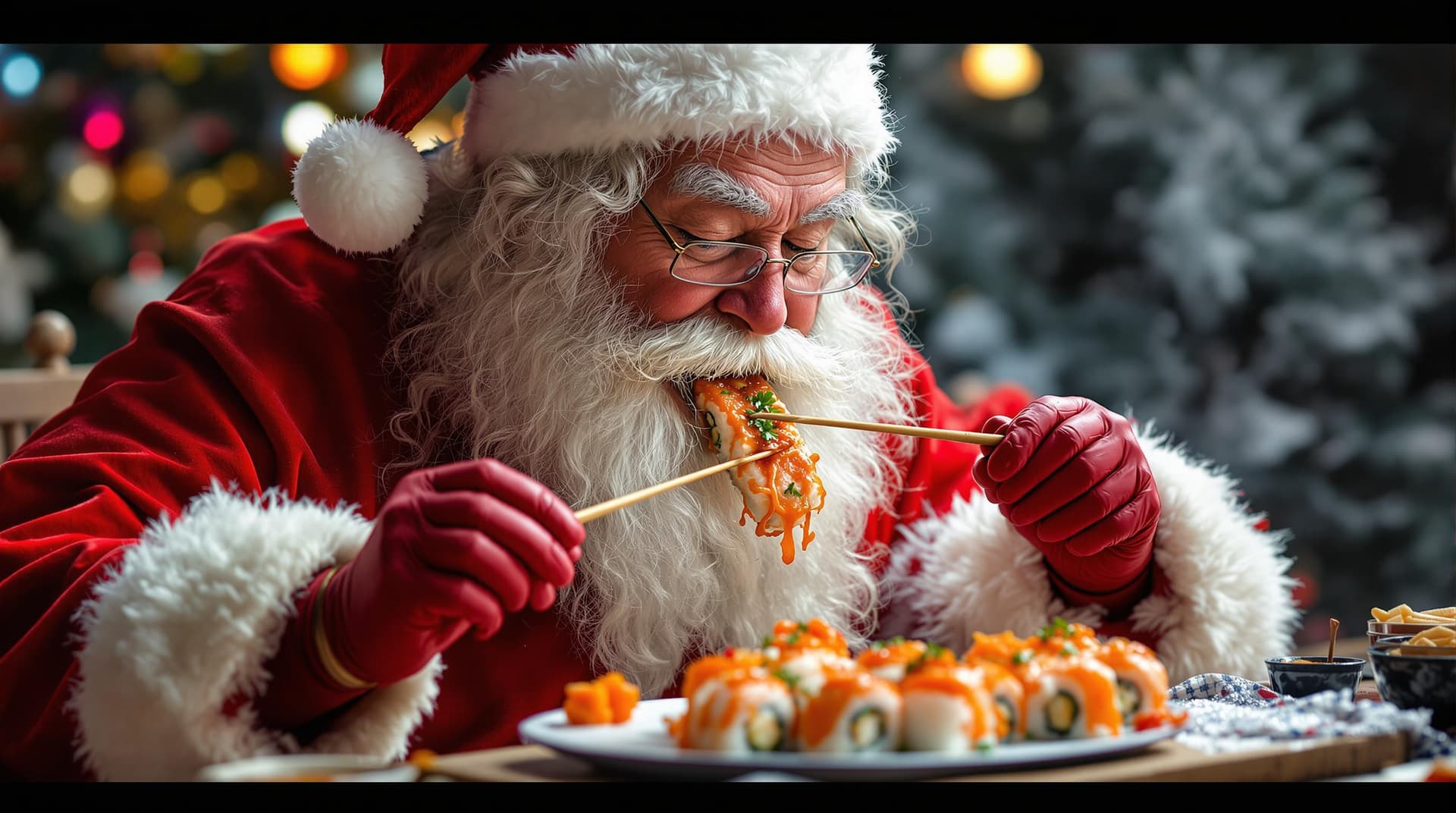 AI generated: santa claus eating sushi 