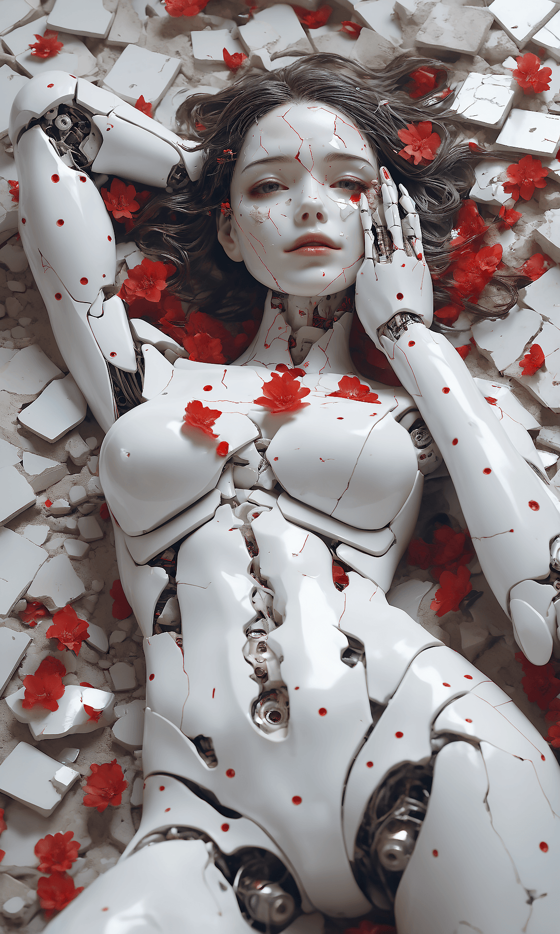 AI generated: Death of a beautiful humanoid female,  close up of a broken android, digital art, cracked porcelain ...