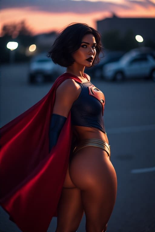 AI generated: photo of supergirl in a supergirl costume with a red cape on her back, black hair, short hair, tan s...