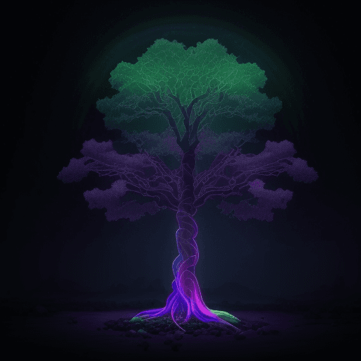 AI generated: A translucent, neon-glowing tree with an unearthly rainbow aura, located on a dark, ominous backgrou...