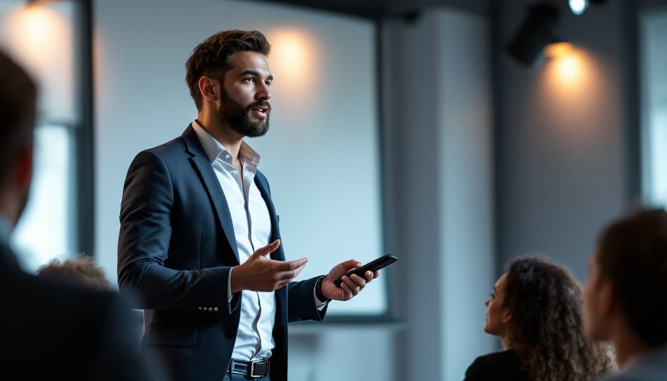 AI generated: Realistic entrepreneur speaking at a startup workshop, standing in front of a projection screen, hol...