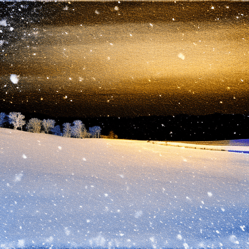 AI generated: snow storm at night.
ice crystals falling to the ground.
small faint golden point of light from the ...