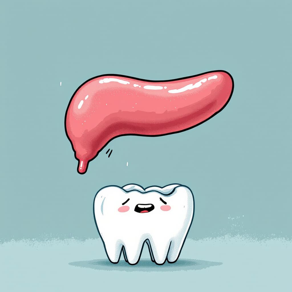 AI generated: A drawing of a pancreas in the background, with teeth in front of it that appear weak or decayed, as...