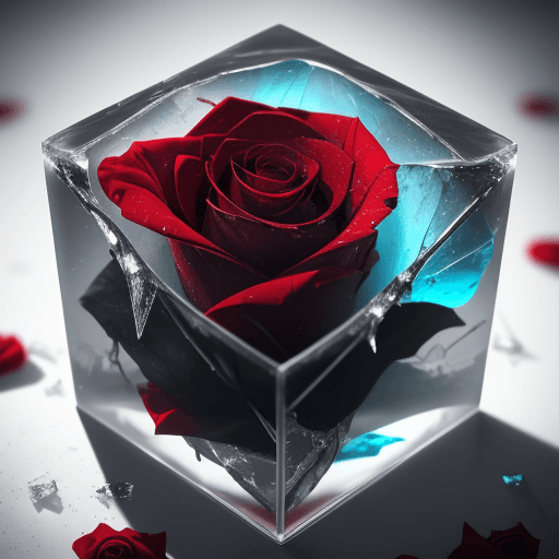 AI generated: close-up photo of a beautiful red rose breaking through a cube made of ice , splintered cracked ice ...