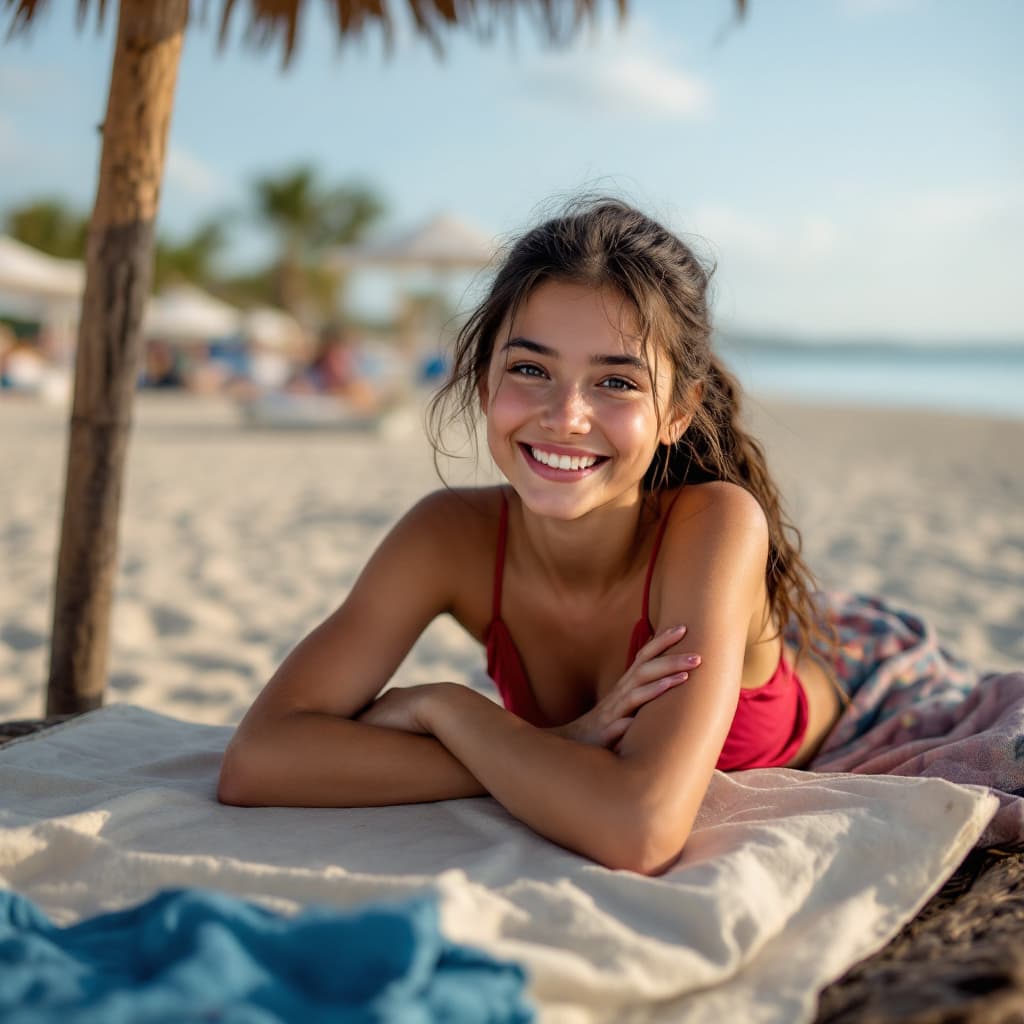 AI generated: 18 years old girl in on top of table in beach


 