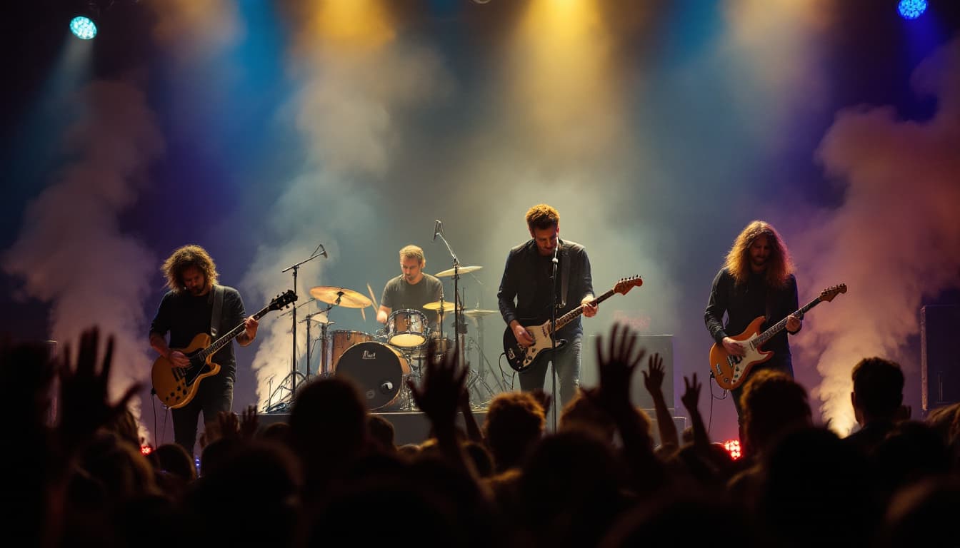 AI generated: A group of four musicians performing on a dimly lit stage with a spotlight illuminating the lead sin...