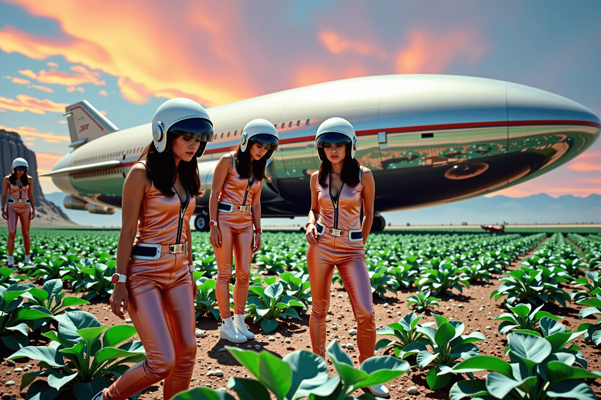 AI generated: Women in shiny tight overalls and helmets examine alien plants on a strange planet, a spaceship with...
