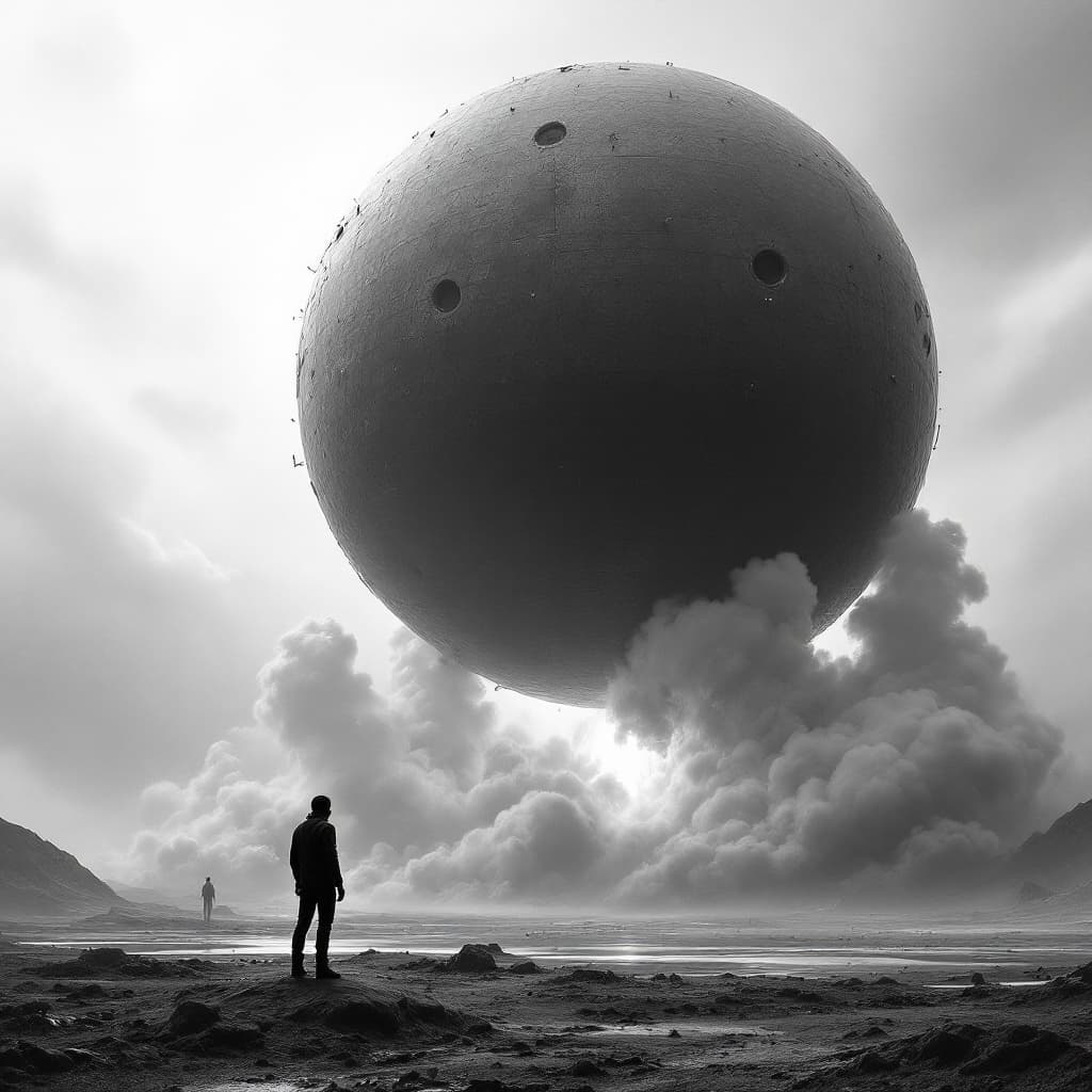 AI generated: A surreal sci-fi scene in black and white, depicting a gigantic spherical spaceship lifting off from...