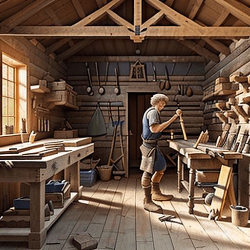 AI generated: Imagine and create a detailed scene of an ancient carpentry workshop, with a carpenter working on a ...