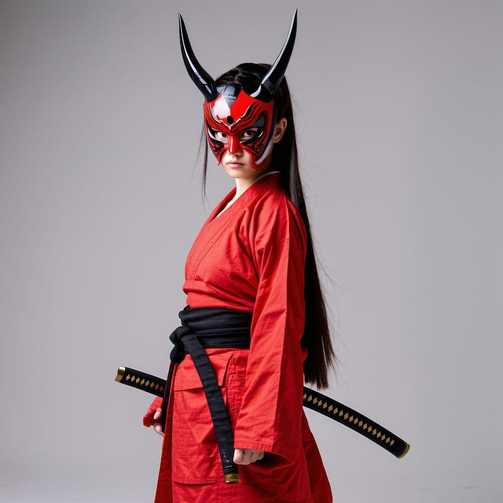 AI generated: Full body shot, of a beautiful stuning alluring female kunoichi, above her head wearing Oni mask, st...