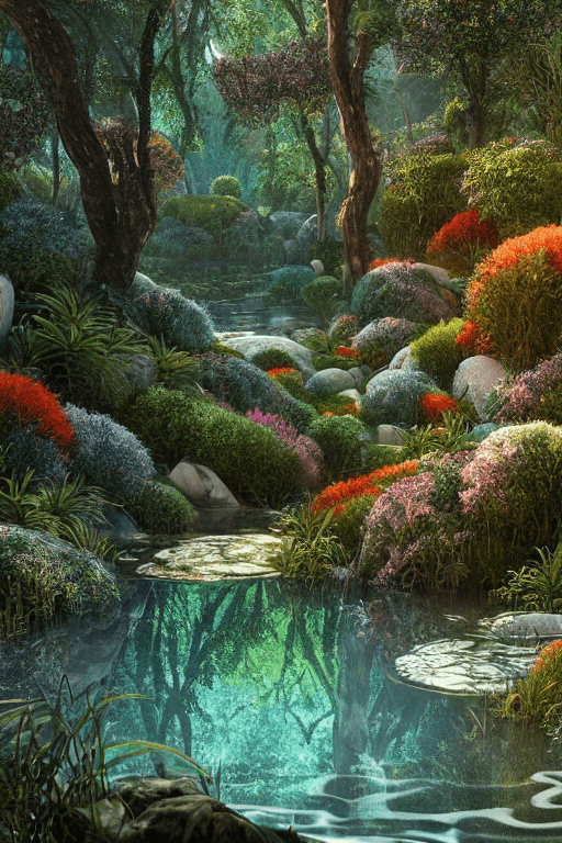 AI generated: Forest flower crystals::4 emitting glitter garden landscape with pool of clear water and „black gold...