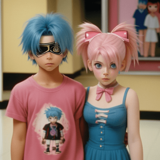 AI generated: “blurry and grainy 1990s tv footage of a serious boy with blue hair and eyepatch and an aventurer gi...