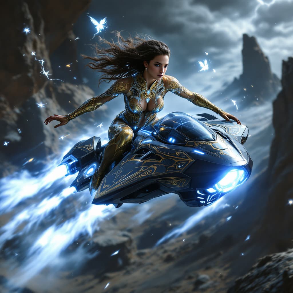 AI generated: A heroic female figure in a rich vinotinto suit adorned with intricate gold and silver patterns that...