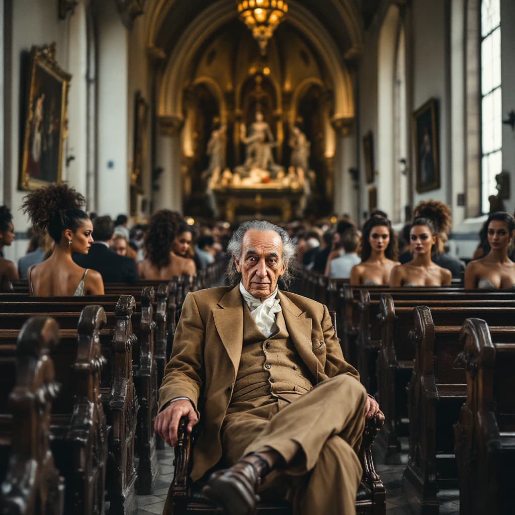 AI generated: Salvador Dalí sitting next to photo models in church. The church is filled photo models.